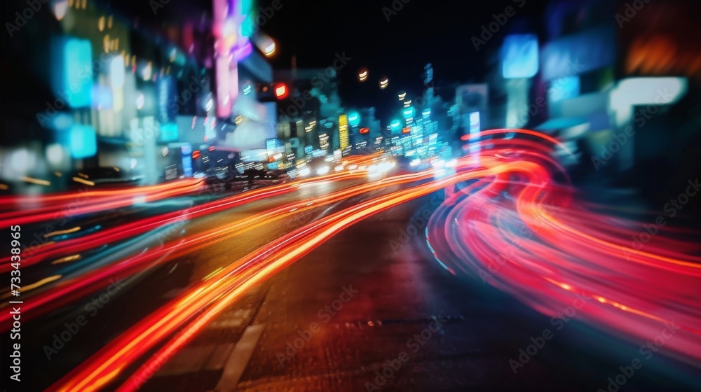 Blur curve city lights movement at night. Urban streets lights in motion. Light from cars moving out of focus. Colorful urbanism