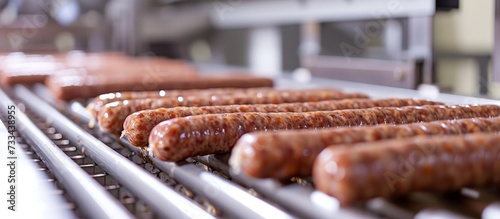 Sausages are sizzling on a conveyor belt inside a food factory, getting ready to be packaged and shipped out.