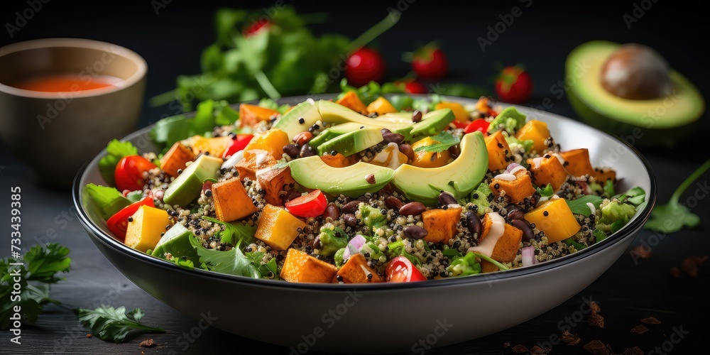 vibrant bowl of quinoa salad featuring creamy avocado, sweet potato chunks, and protein-rich beans sits against a sleek gray backdrop. This superfood concept promotes healthy, clean eating, 