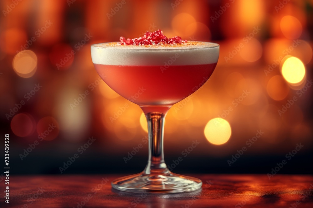 A glass of alcoholic cocktail Pink Lady on a wooden bar counter against blurred background