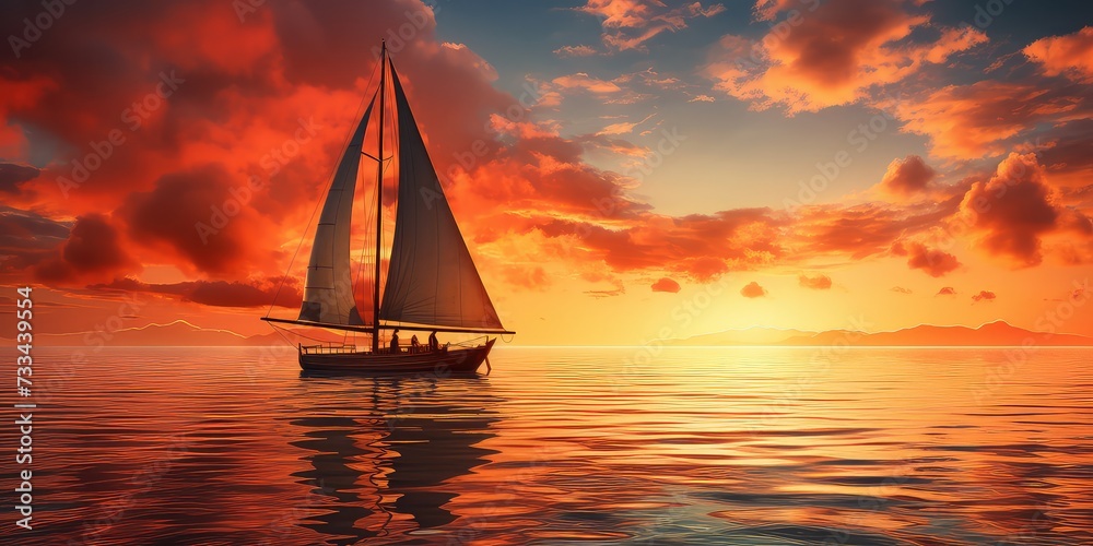 unfolds as a sailboat embarks on a sunset journey, gracefully navigating the calm waters toward the distant horizon. The serene beauty of the setting sun casts a warm glow across the sky, creating a 
