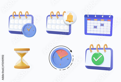 3D icons about time and date. Contains such icons as clock, schedule, calendar and hourglass. 3D vector illustration