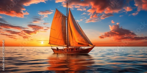 unfolds as a sailboat embarks on a sunset journey, gracefully navigating the calm waters toward the distant horizon. The serene beauty of the setting sun casts a warm glow across the sky, l 