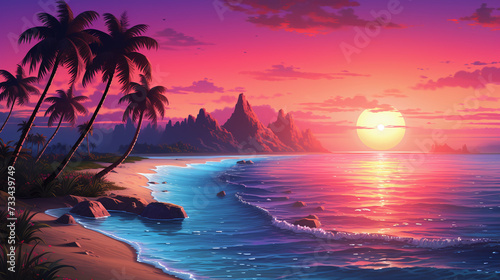 ocean, sea, palm trees, lake in the sunset, in the style of vibrant illustrations, concept art, firecore, light magenta and azure, neogeo, lively illustrations, hyper-realistic  photo