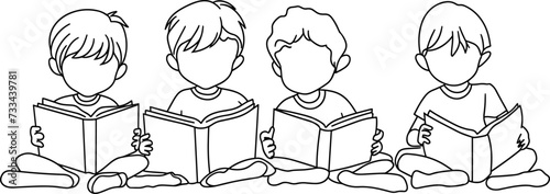 Continuous one line drawing of Group of children reading book, kids doing group study