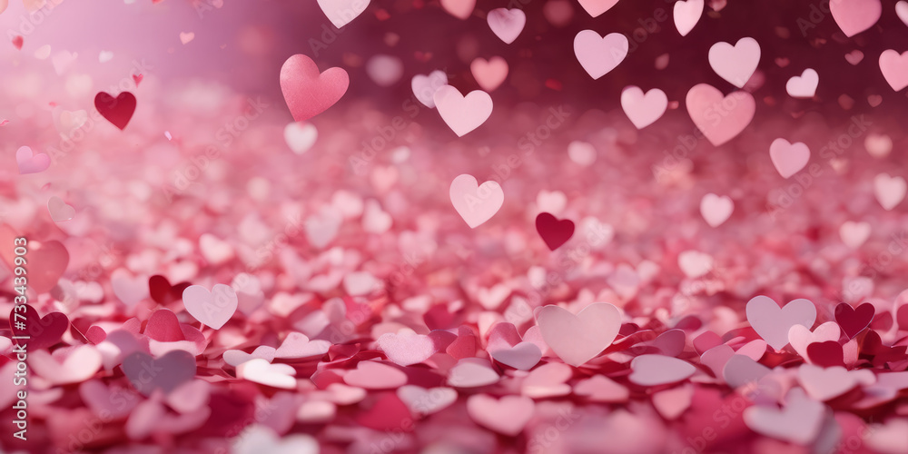 Valentines day background with hearts confetti on pastel pink background. Generative AI