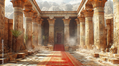 Obraz przedstawiający starożytny korytarz z kolumnami i czerwonym dywanem.