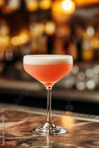 A glass of alcoholic cocktail Pink Lady on a wooden bar counter against blurred background