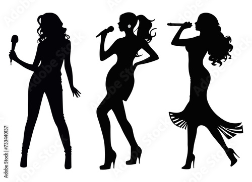 Set of super star women singers, silhouettes performing, vector of female artist singing in karaoke, and showing their talent, figuration isolated in white background