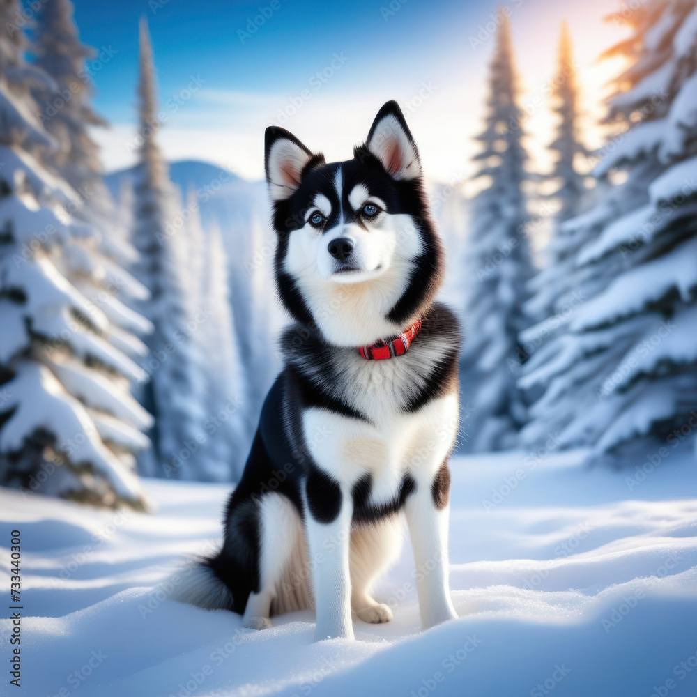 Alaskan klee kai in the winter forest. Front view,  shot  from low angle. Generative AI. 