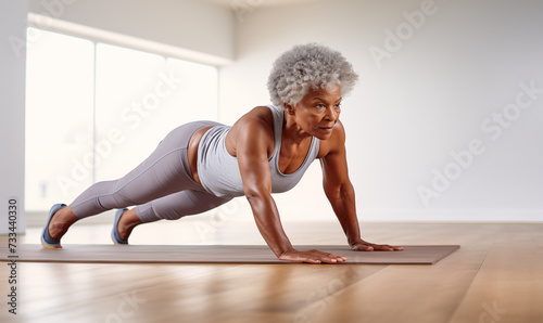 Senior woman practicing yoga at gym, healthy lifestyle for mature people concept. Generated by AI © Arioh