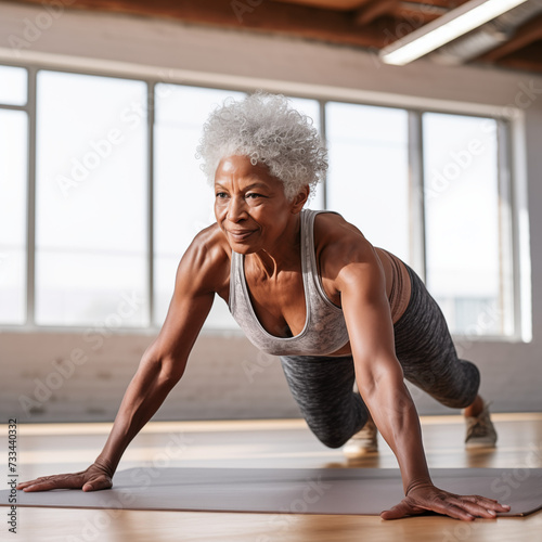 Senior woman practicing yoga at gym, healthy lifestyle for mature people concept. Generated by AI