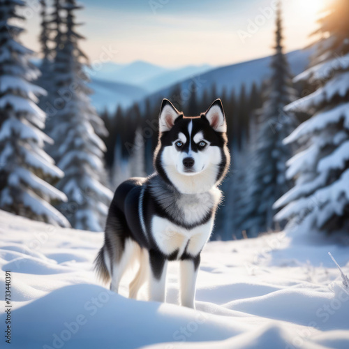 Alaskan klee kai in the winter forest. Front view   shot  from low angle. Generative AI. 