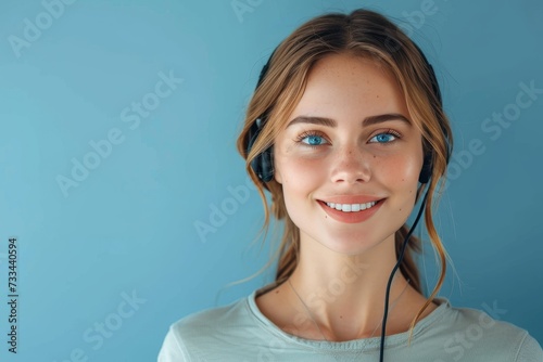 A joyful lady with a radiant smile and stylish headphones stands against a wall, her face framed by her neck, lip, and eyebrow, creating a stunning portrait photography