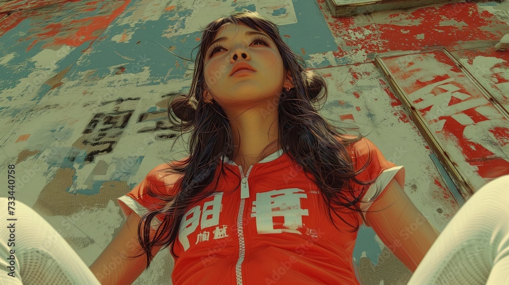 Azjatka w ulicznym stroju, w czerwonej koszulce i białych spodniach stoi na tle grafitti - obrazy, fototapety, plakaty 