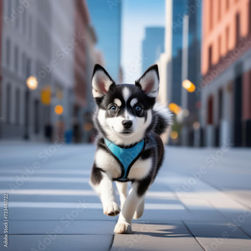 Alaskan klee kai running in the city sidewalk. Front view, shot from low angle. Dog rinning to the camera. Generative AI. 