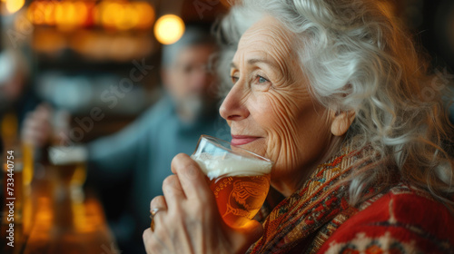 photo of a grandmother drinking beer in a bar