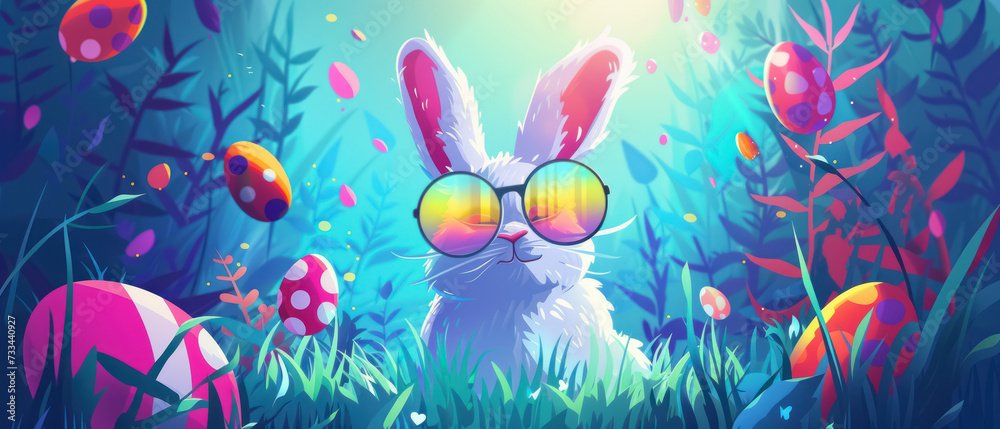 enchanted Easter bunny in sunglasses hidden in a mystical forest