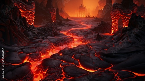 Flowing magma lava field, glowing lava and magma flows. Background texture of heat, lava and flames.