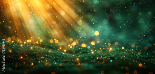 radiant green light rays over glittering golden  bokeh background for festive ambiance