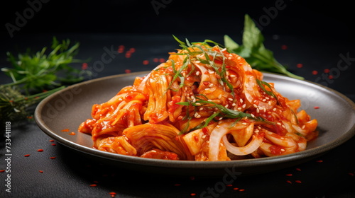 A sumptuous serving of Baechu-kimchi radiates with heat and flavor, a staple in Korean cuisine known for its piquant and savory qualities