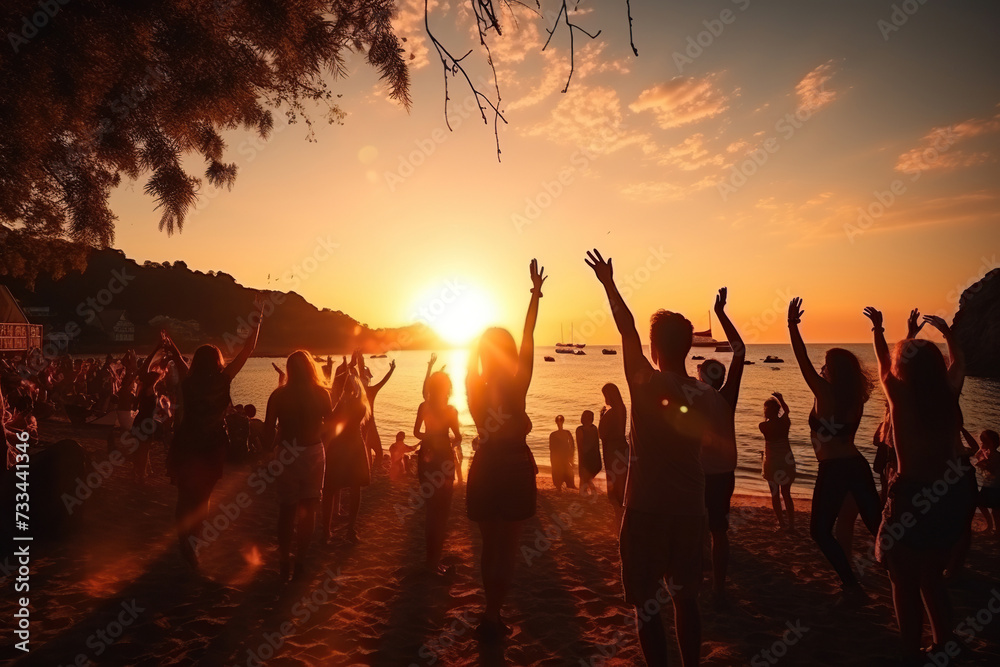 Fototapeta premium A crowd of people dancing and having fun at a beach party at sunset. Vacation concept. Generated by artificial intelligence