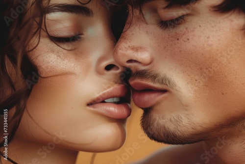 In a passionate embrace, a man and woman share a tender kiss, their human faces pressed together in an expression of love and romance, their skin tingling with the thrill of making out, their eyelash