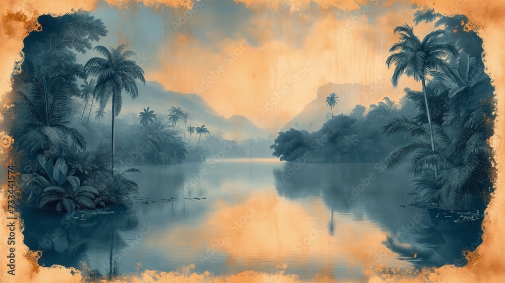 Obraz przedstawiający rzekę otoczoną palmami. - obrazy, fototapety, plakaty 