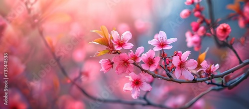 Vibrant Pink Cherry Blossom Branch in Spring Garden with Abundant Flowers