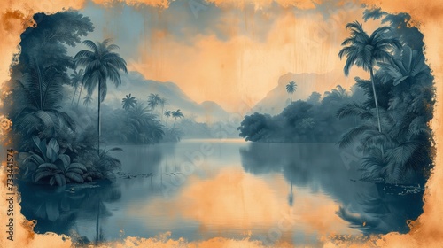 Obraz przedstawiający rzekę otoczoną palmami.