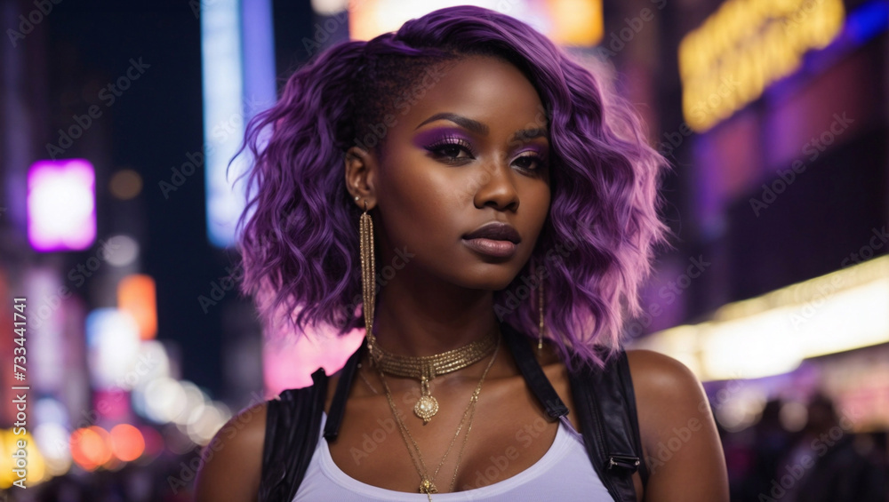 Bellissima ragazza di origini afro americane con capelli viola in una strada illuminata di una città americana