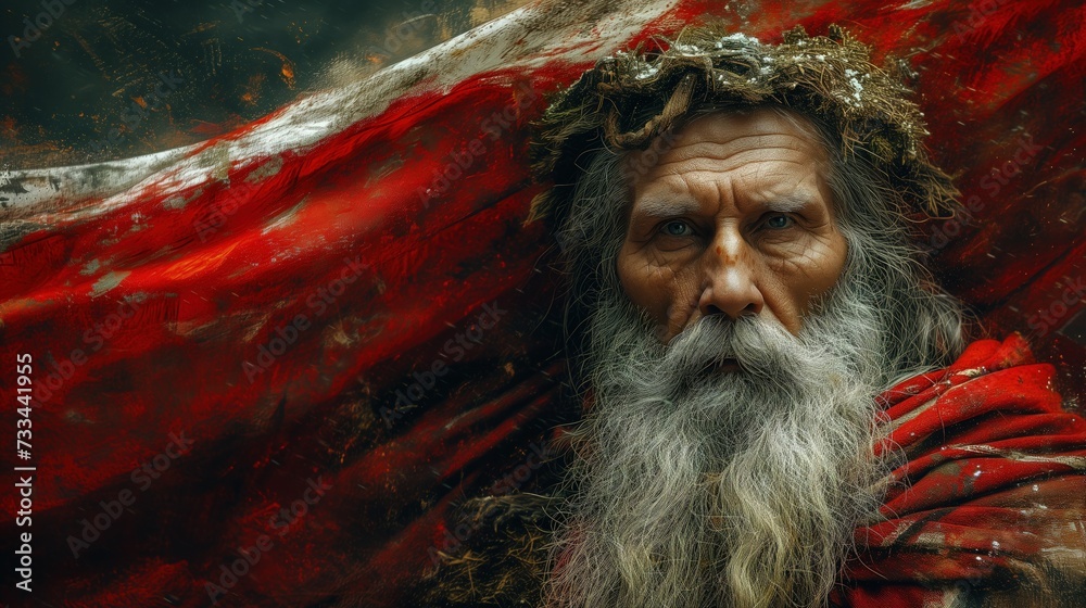 Mężczyzna z długą brodą i czerwoną peleryną, stojący w lesie i trzymający polską flagę. - obrazy, fototapety, plakaty 