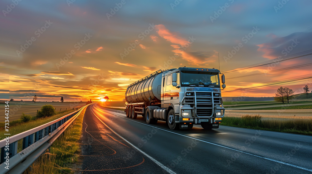 Fuel Tanker Truck on the Move at Sunset Fuel Tanker Truck on the Move at Sunset