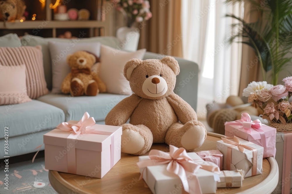 A festive teddy bear sits atop a table surrounded by presents, bringing holiday cheer to the cozy indoor space