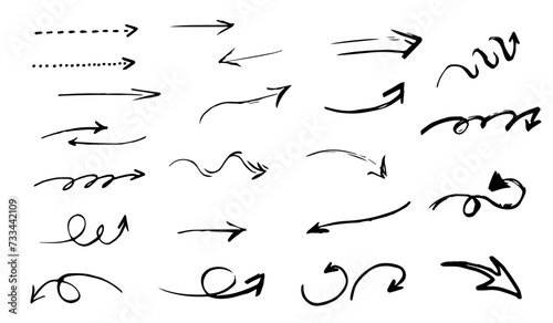 Set of arrows drawn by hand. Pencil strokes.Brushes of different shapes on a black background. Vector brushes in grunge style. Vector horizontal lines in pencil. Vector lines coal, drawn by hand.