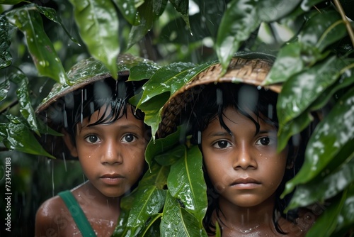 Rainy Day Joy: Childhood Wonder Under Green Canopy generative ai