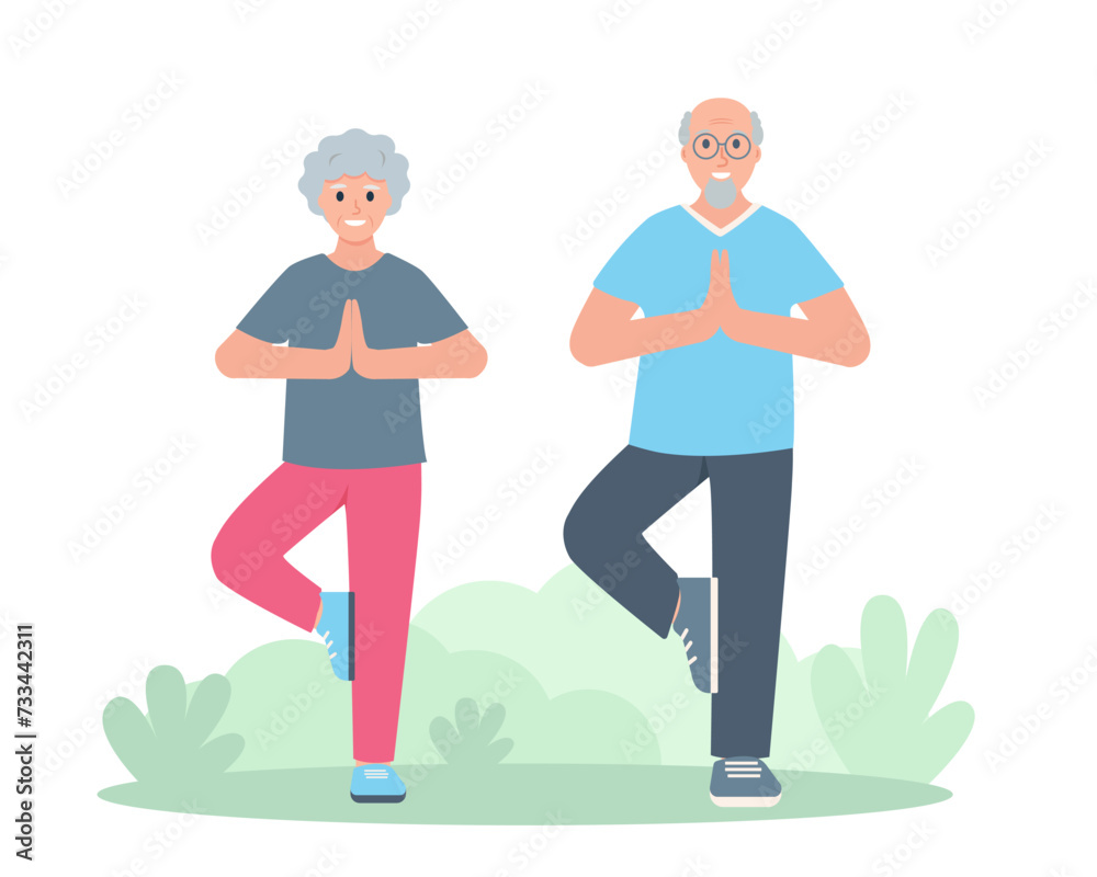 Elderly couple of man and woman doing yoga. Senior people sport active healthy lifestyle concept. Vector cartoon or flat illustration.