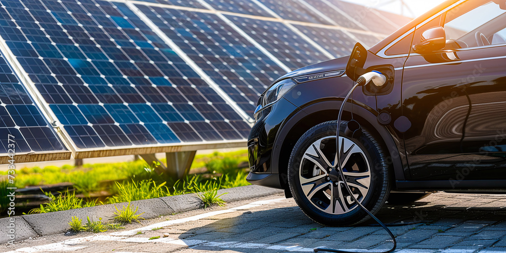 an electric car is charging at a station against the backdrop of solar panels and windmills