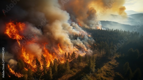 Overview photograph of large scale forest fire, dramatic wild fire engulfing forest seen from above. Effects of climate change on forests.