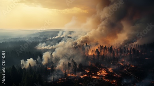 Overview photograph of large scale forest fire  dramatic wild fire engulfing forest seen from above. Effects of climate change on forests.