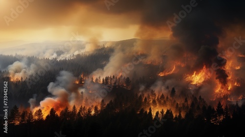 Overview photograph of large scale forest fire, dramatic wild fire engulfing forest seen from above. Effects of climate change on forests. © GMeta
