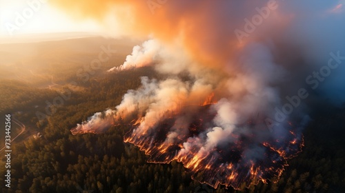 Overview photograph of large scale forest fire  dramatic wild fire engulfing forest seen from above. Effects of climate change on forests.