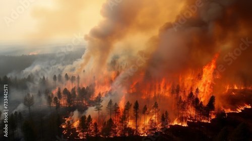 Overview photograph of large scale forest fire, dramatic wild fire engulfing forest seen from above. Effects of climate change on forests.