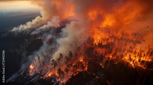 Overview photograph of large scale forest fire  dramatic wild fire engulfing forest seen from above