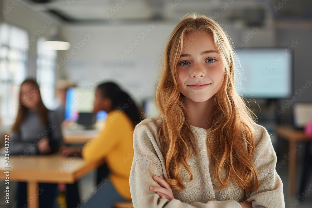 A confident young woman with long, layered hair sits in a classroom, her arms crossed and a smile on her face as she takes in the furniture and walls around her