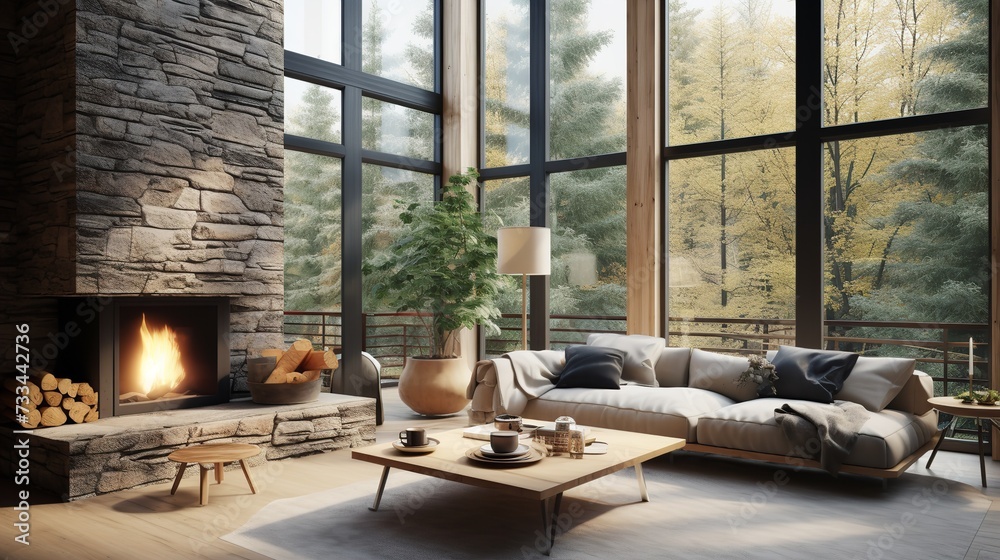 Nature's Embrace: Biophilic Living Room with Natural Elements & Green Spaces