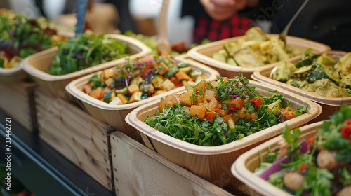 seller of delicious dishes, vegan salads, catering in sustainable, environmentally friendly packaging photo