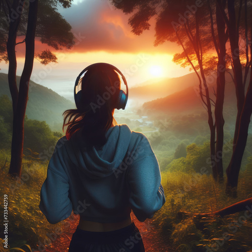 A girl wearing headphones takes a light jog through a forest park at sunset, illustration, AI photo