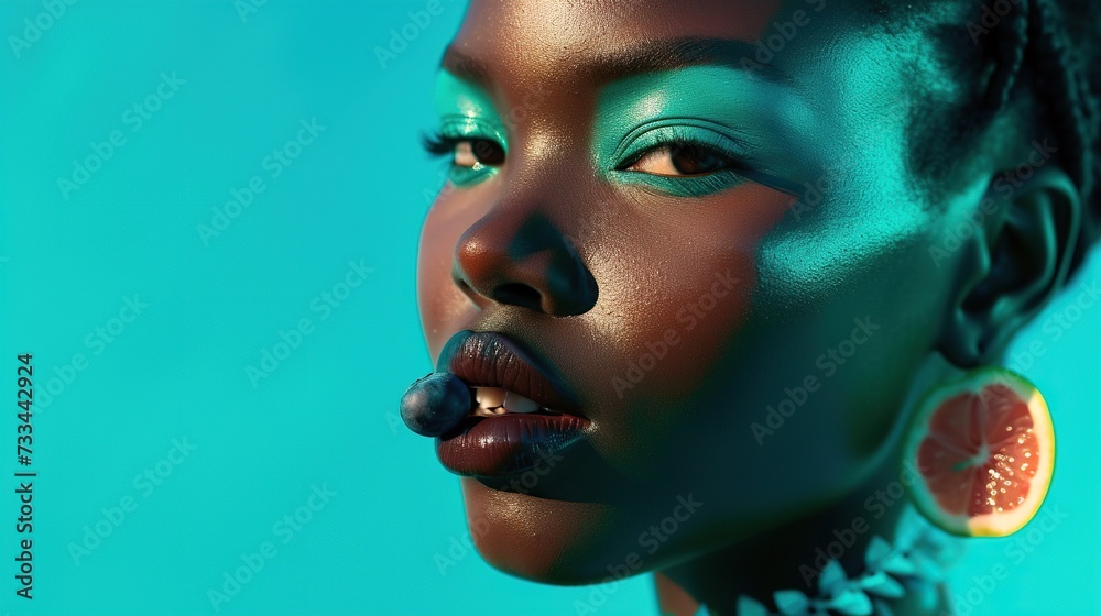 a woman's face highlighted with vibrant cyan makeup, eating a one berry a woman's face highlighted with vibrant cyan makeup, eating a one berry