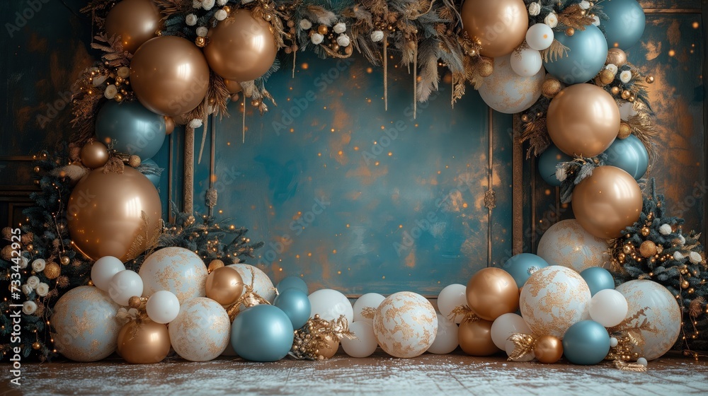 Ściana wystrojona eleganckimi balonami w różnych kształtach i kolorach, złoty, platynowy i biały - obrazy, fototapety, plakaty 
